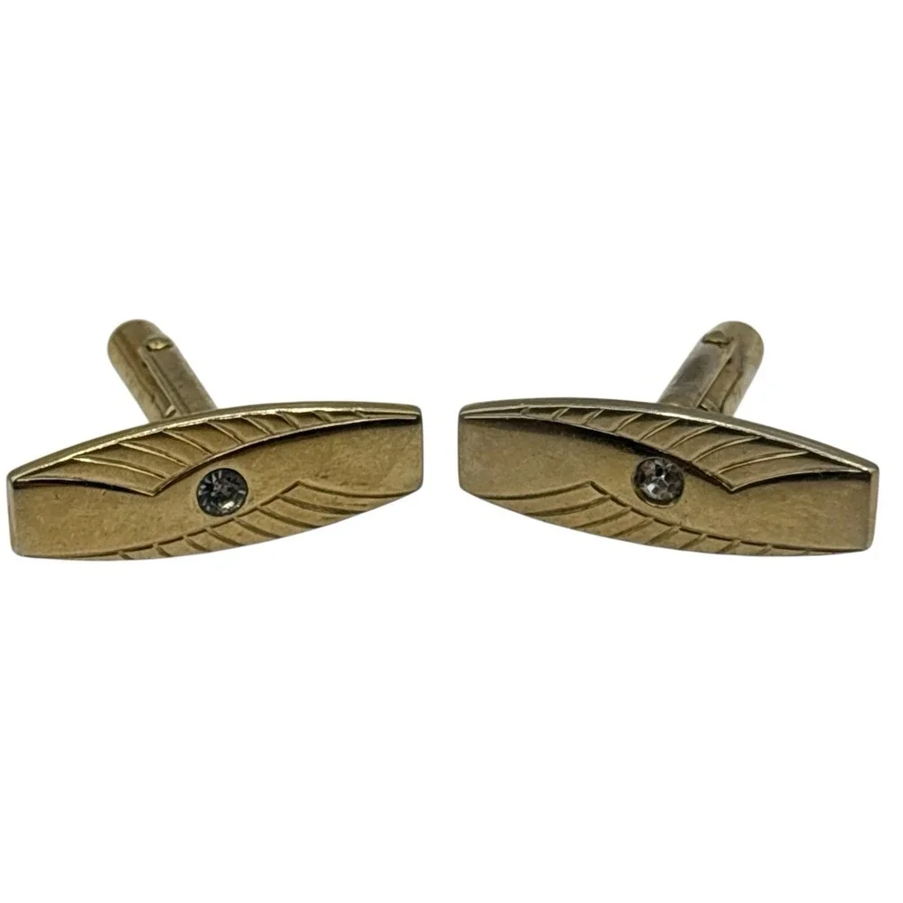 Vintage Gold Tone Cufflinks MCM Clear Rhinestone Geometric Long Bar Design